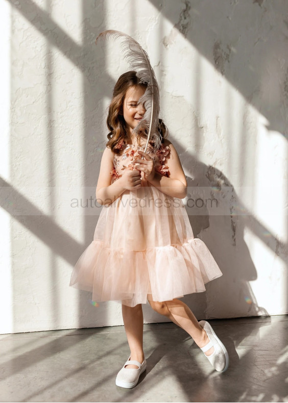 Light Pink Lace Tulle Short Flower Girl Dress